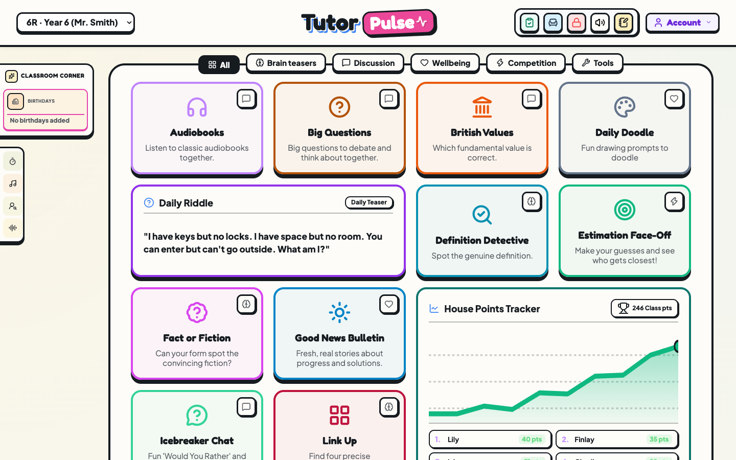 TutorPulse home dashboard showing its classroom activity library