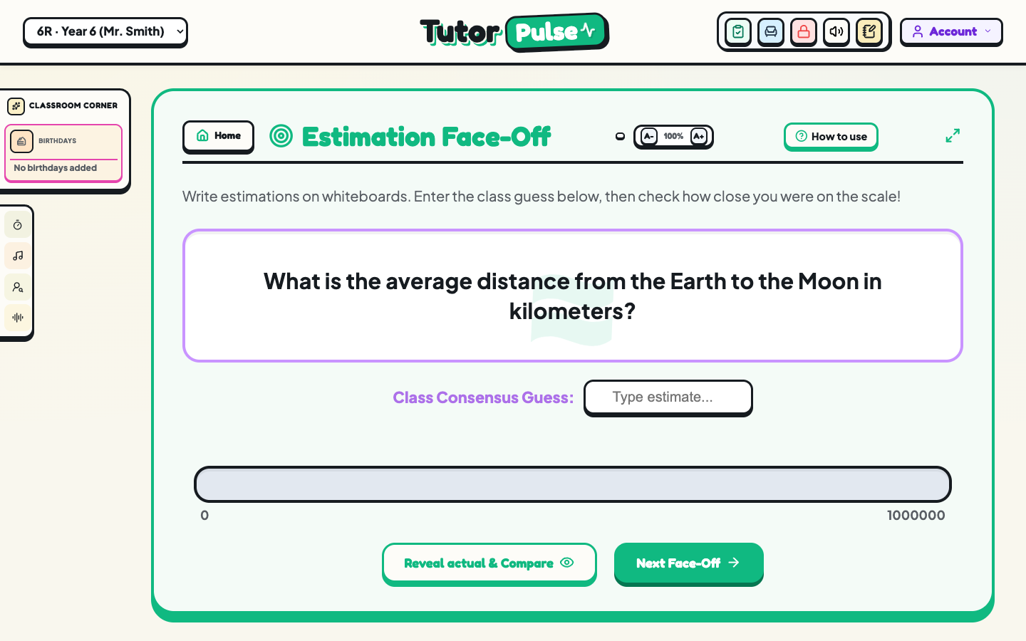 TutorPulse Estimation Face-Off classroom activity