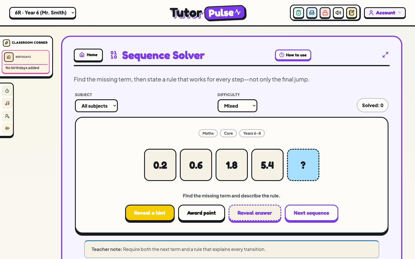 Sequence Solver maths activity