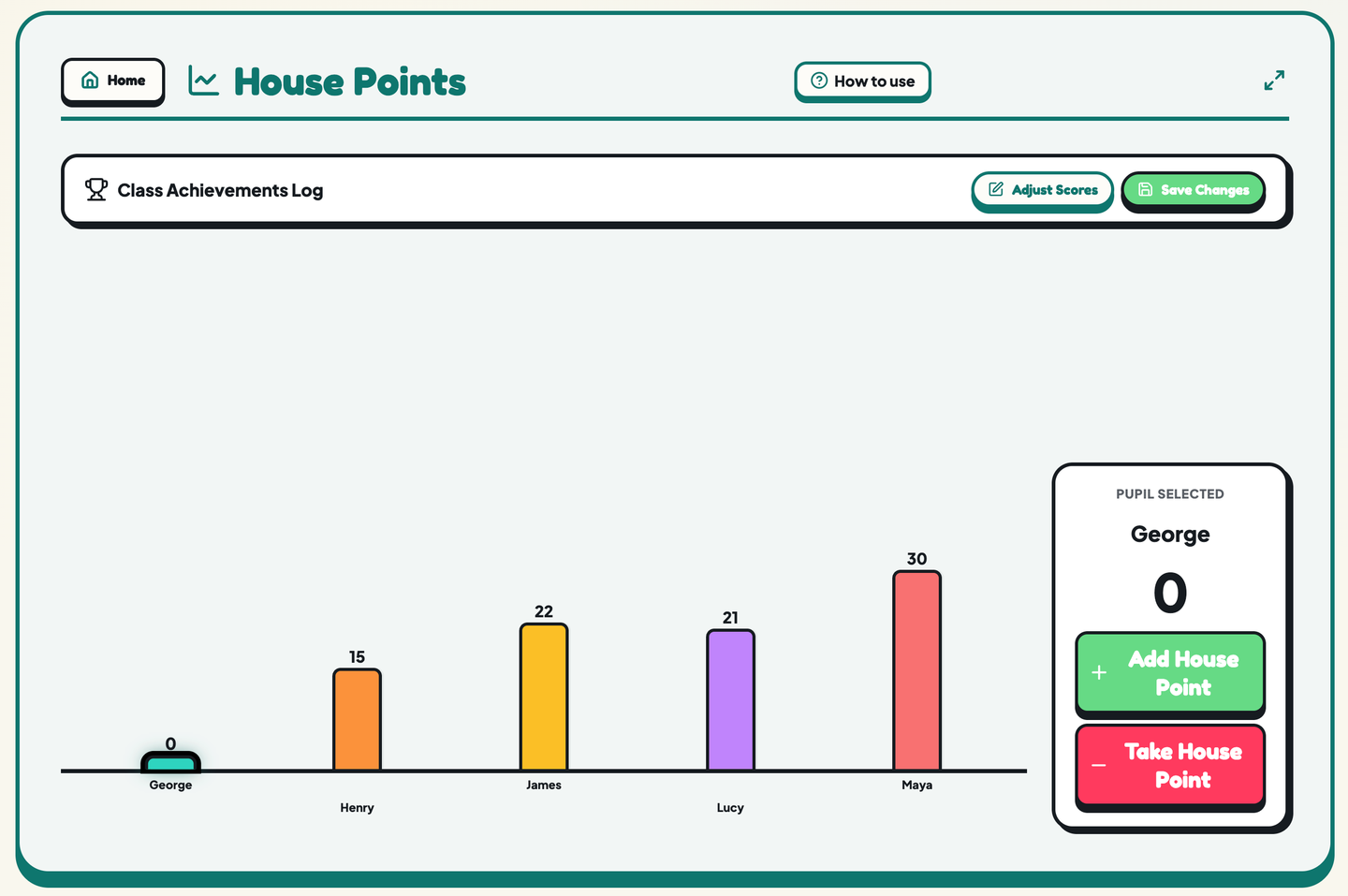 TutorPulse House Points tracker showing live class points and leaderboard