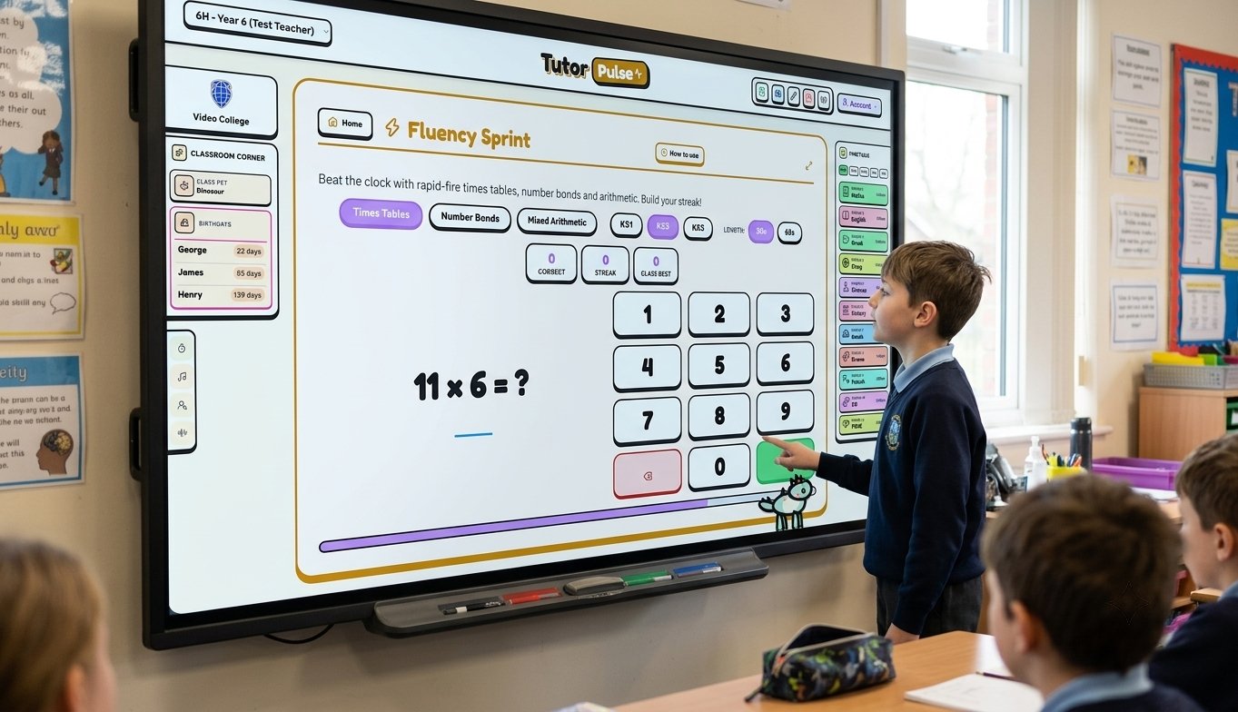 A pupil using TutorPulse Fluency Sprint on a classroom smartboard